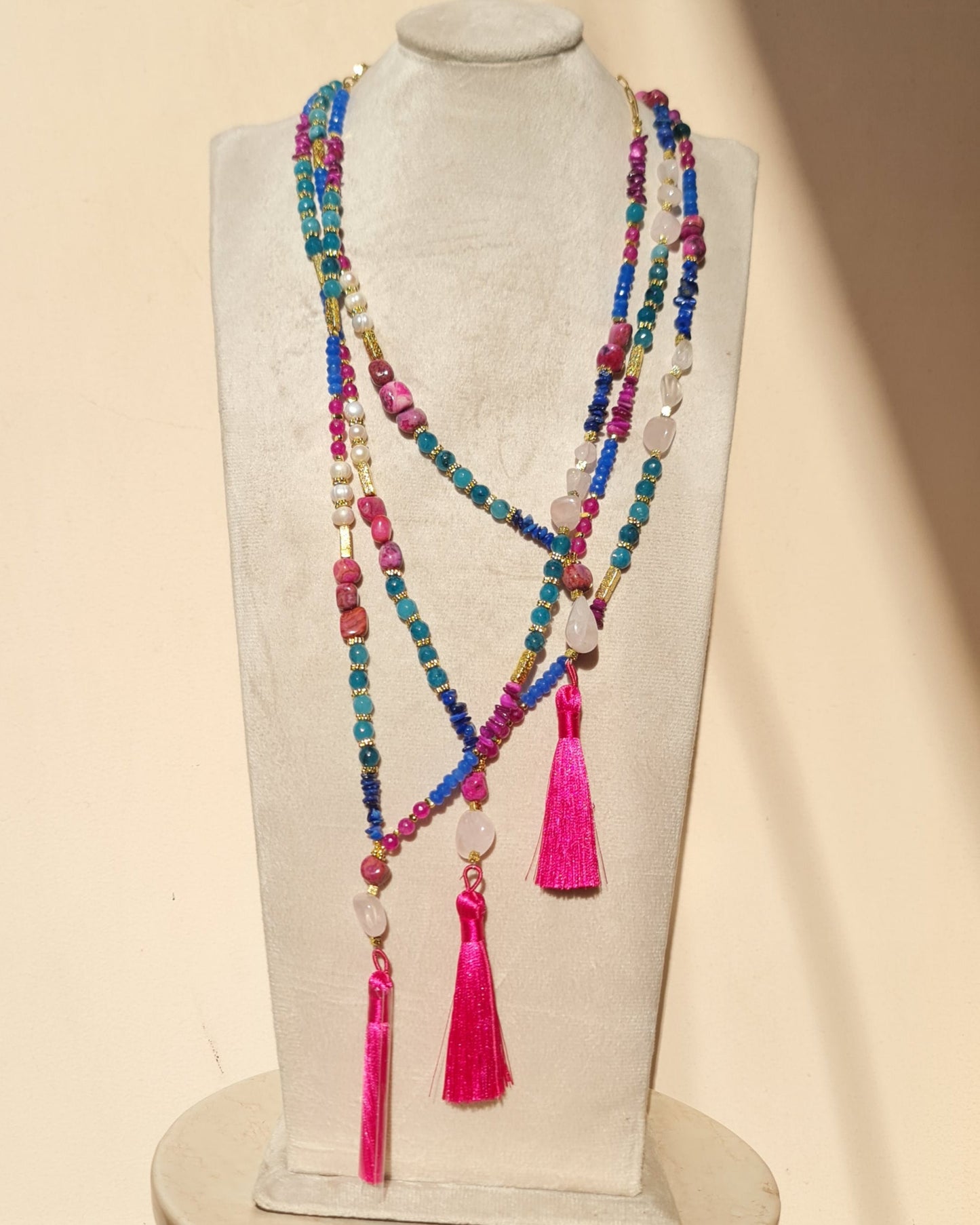 Agate & Natural Stones Long Necklace With Tassels