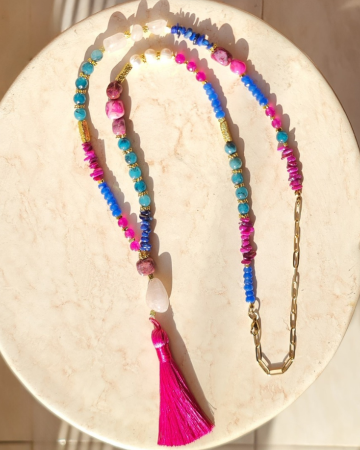 Agate & Natural Stones Long Necklace With Tassels