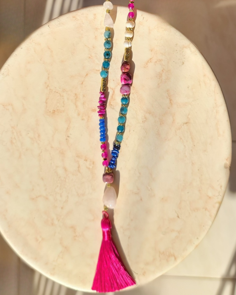 Agate & Natural Stones Long Necklace With Tassels