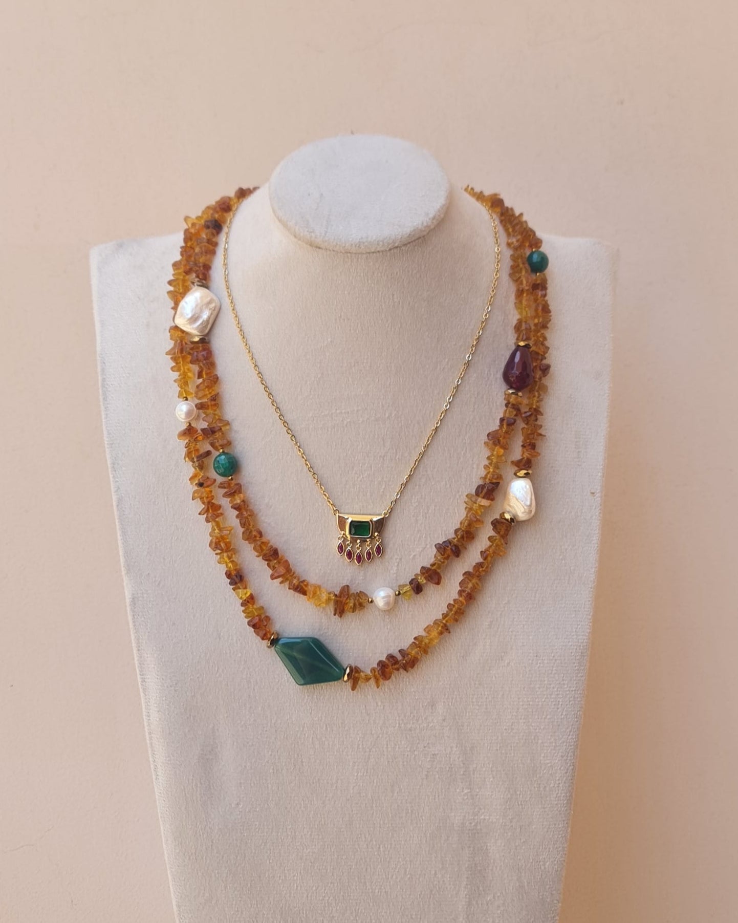 Two Layers Amber Necklace & Stainless Steel Chain