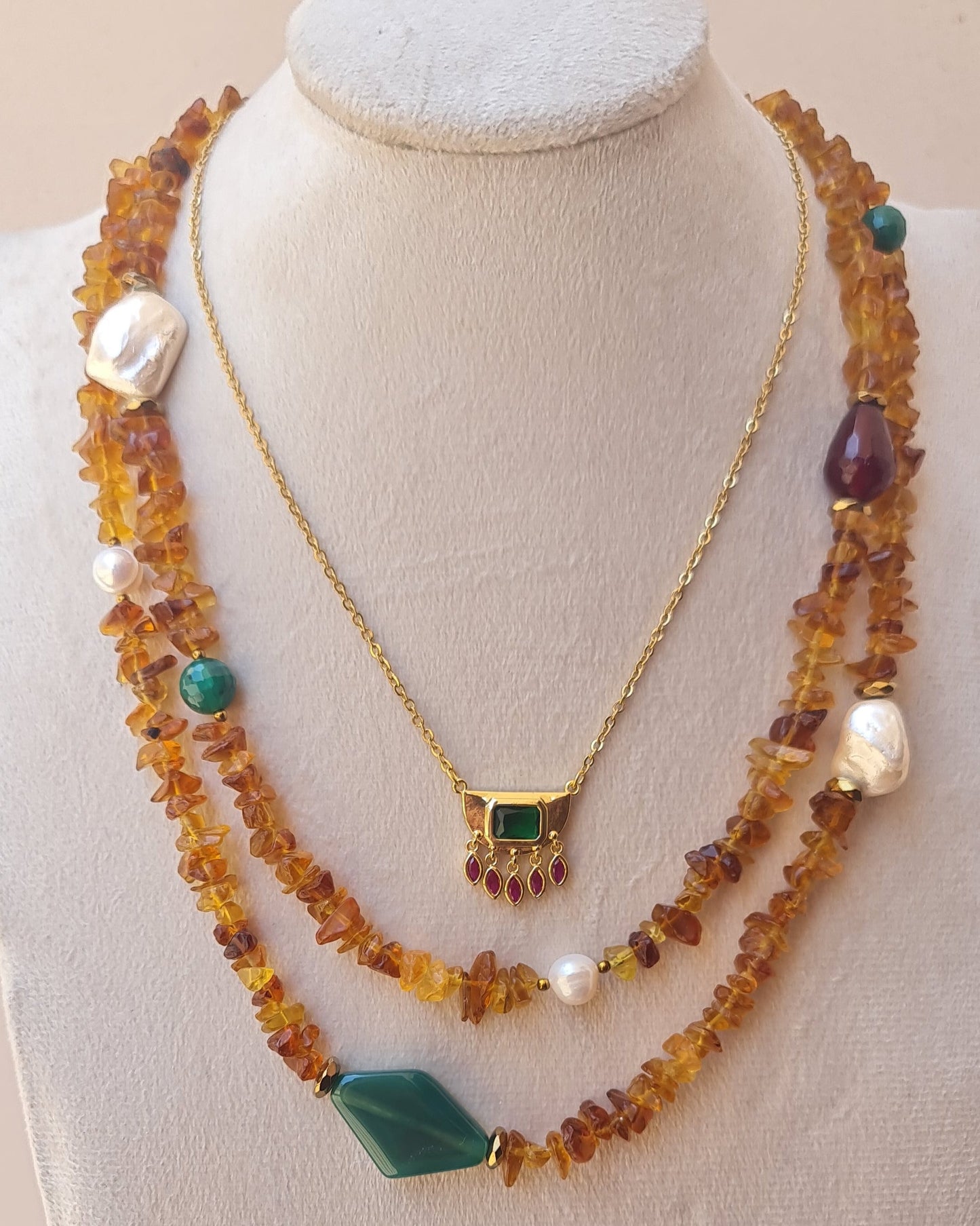 Two Layers Amber Necklace & Stainless Steel Chain