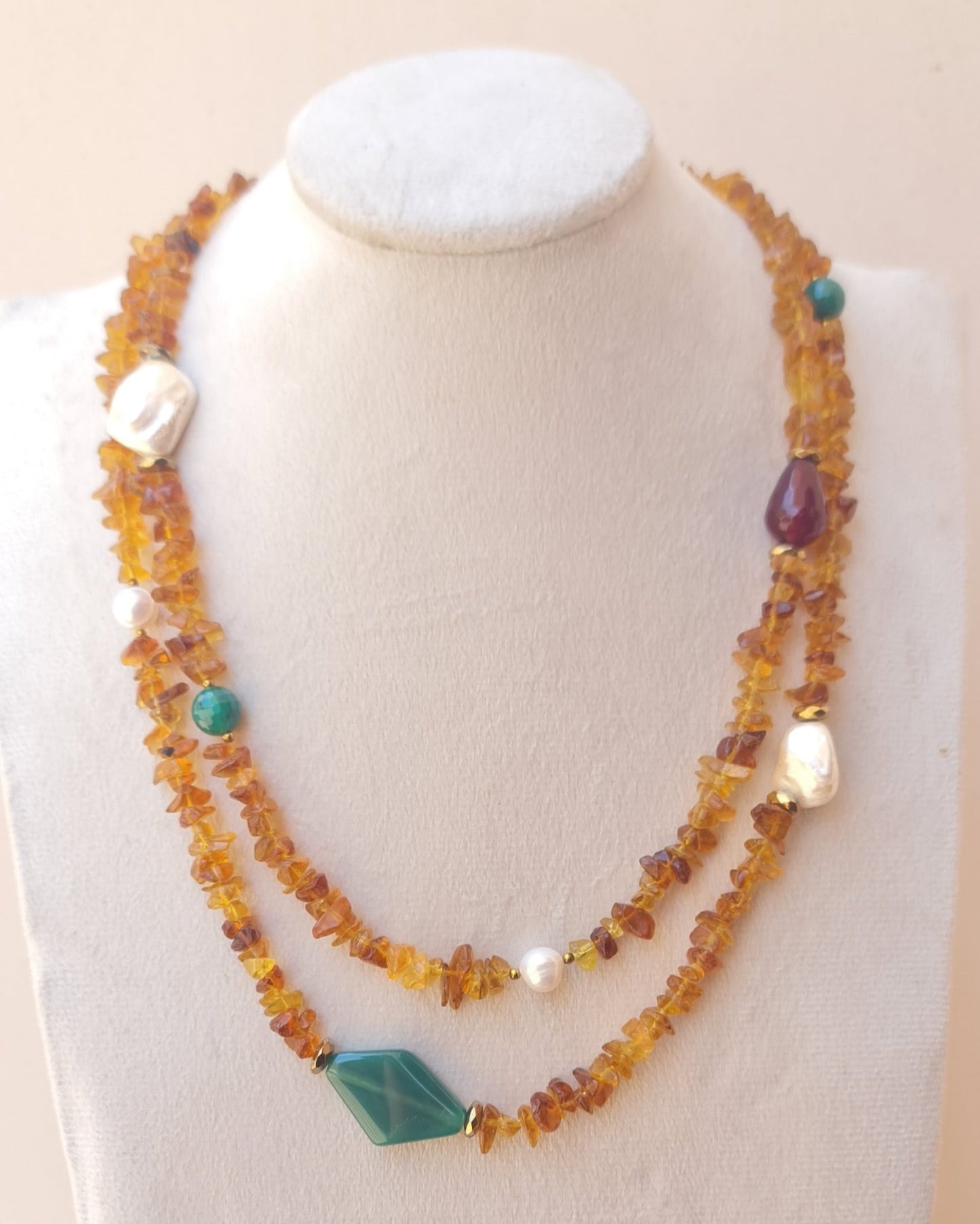 Two Layers Amber Necklace & Stainless Steel Chain