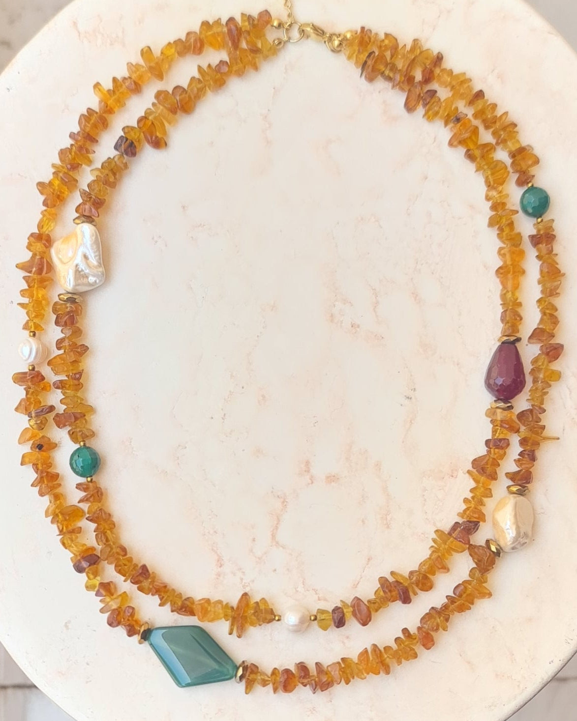 Two Layers Amber Necklace & Stainless Steel Chain