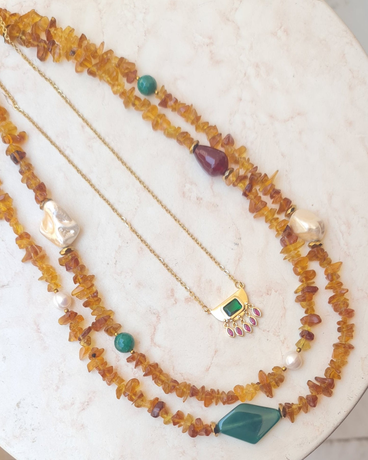 Two Layers Amber Necklace & Stainless Steel Chain