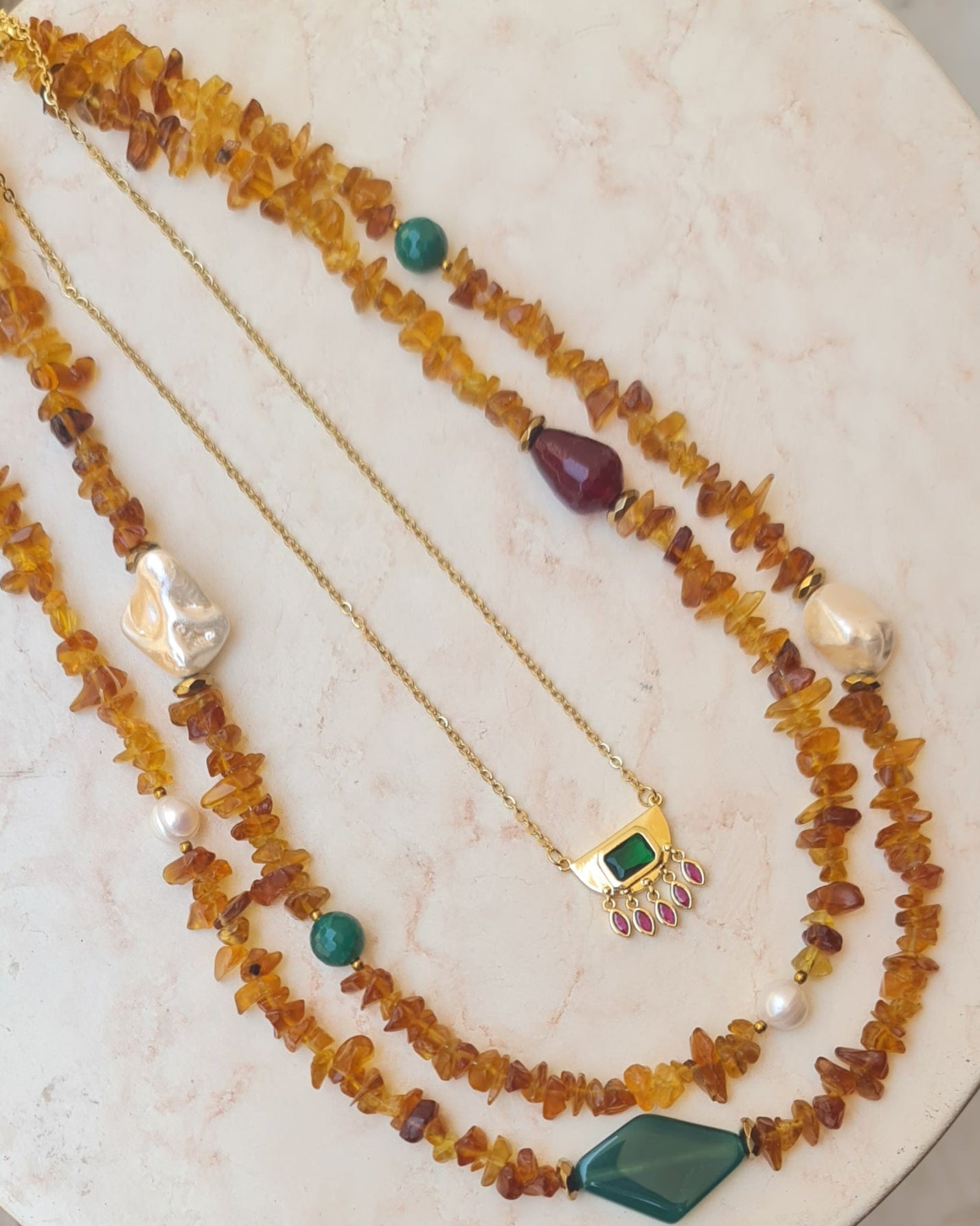 Two Layers Amber Necklace & Stainless Steel Chain