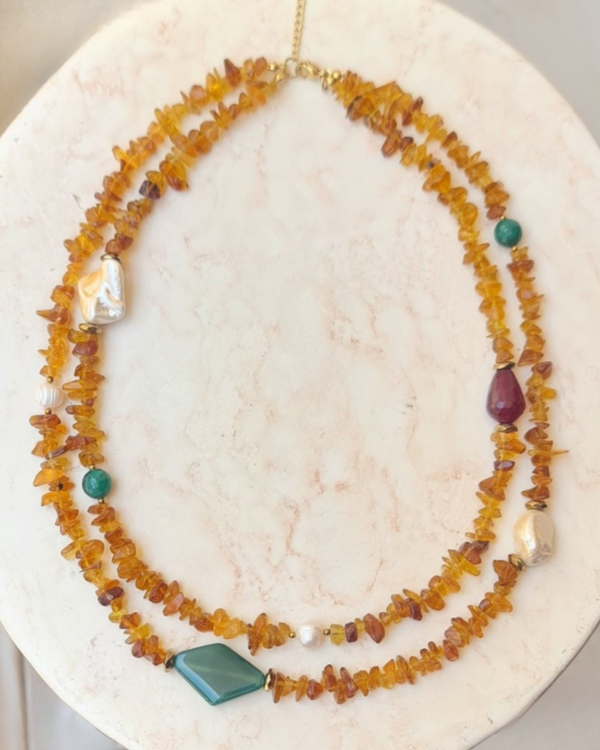 Two Layers Amber Necklace & Stainless Steel Chain