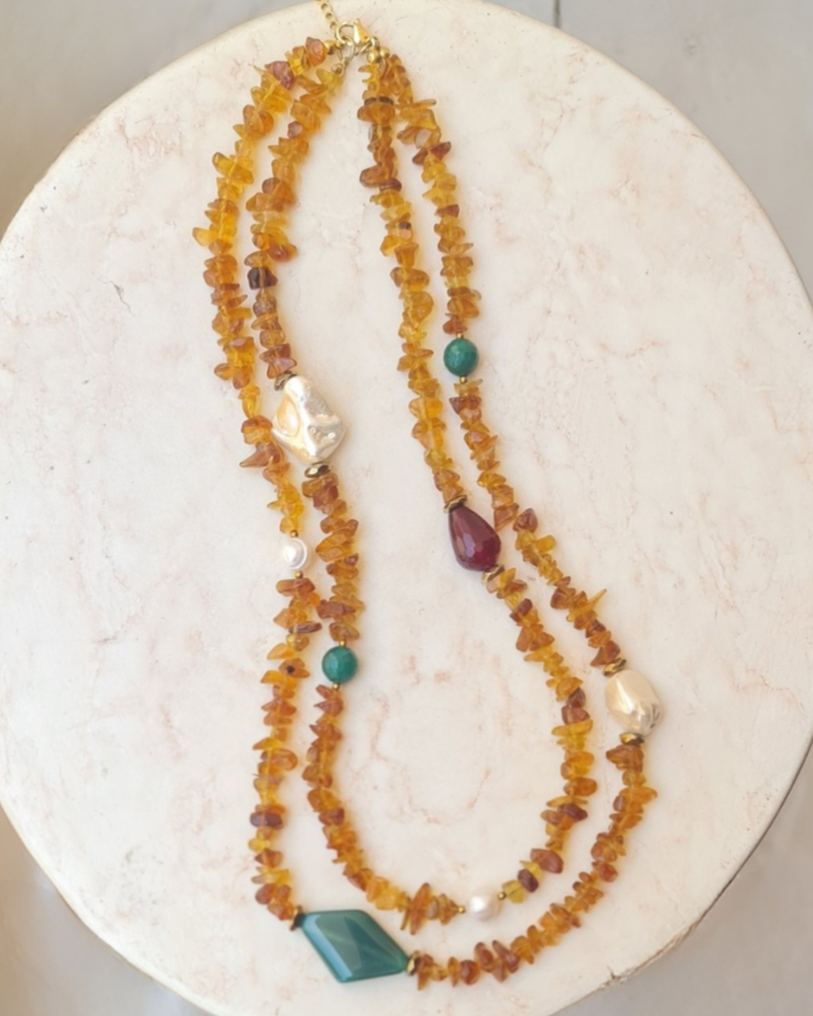 Two Layers Amber Necklace & Stainless Steel Chain