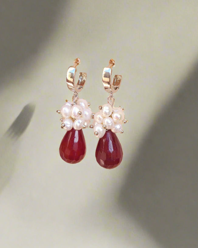 Garnet & Fresh Water Pearls Silver Plated Earrings