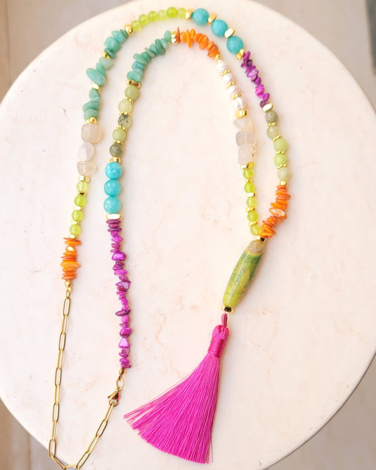Agate & Natural Stones Long Necklace With Tassels