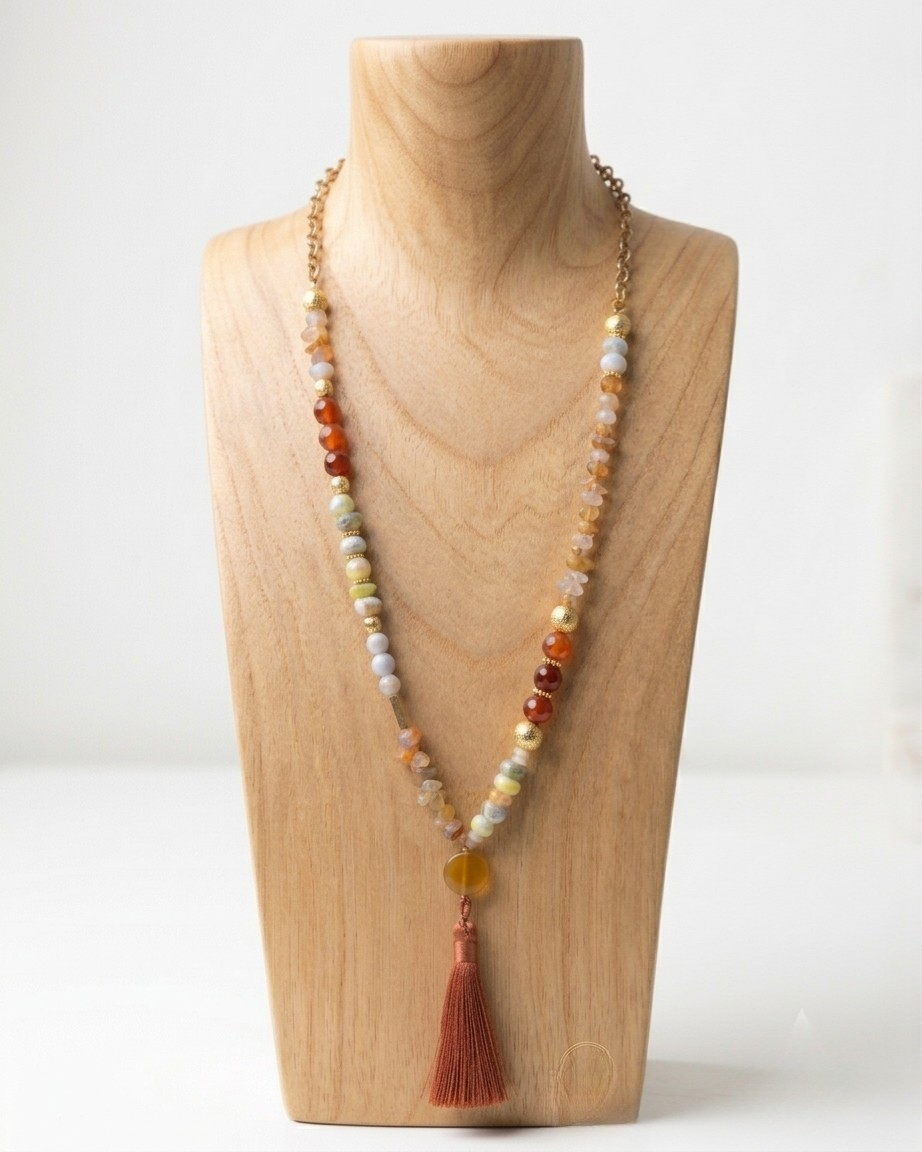 Agate & Natural Stones Long Necklace With Tassels
