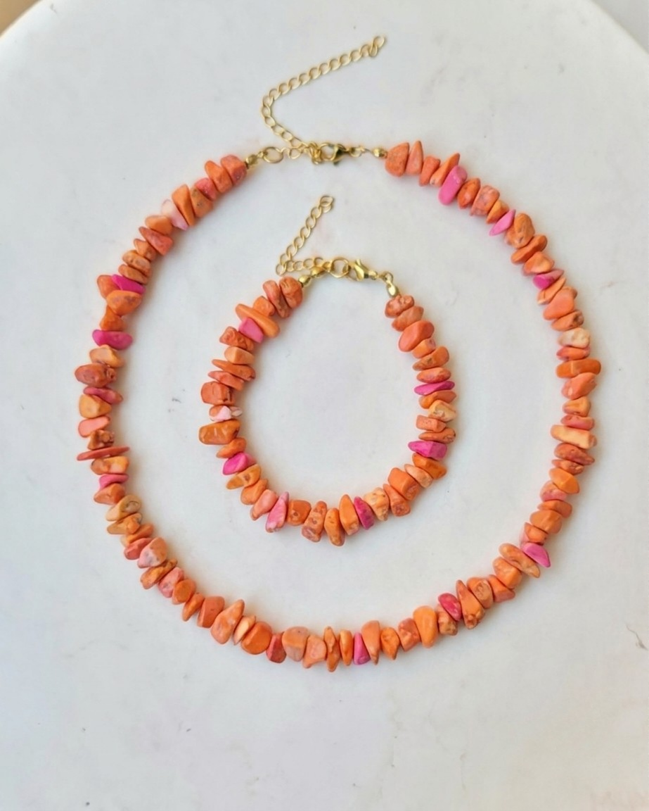 Stone Chips Choker & Bracelet Set - Hot Orange