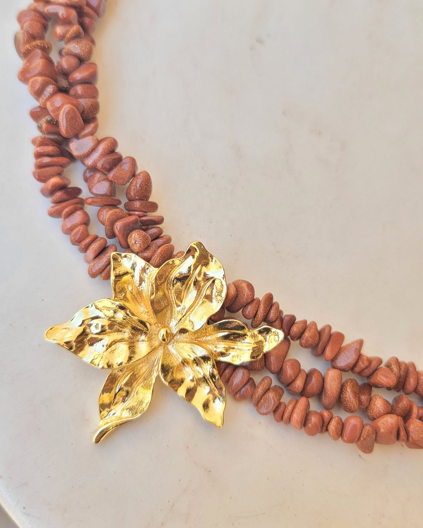 Three Layers Gold Sandstone Chips Necklace