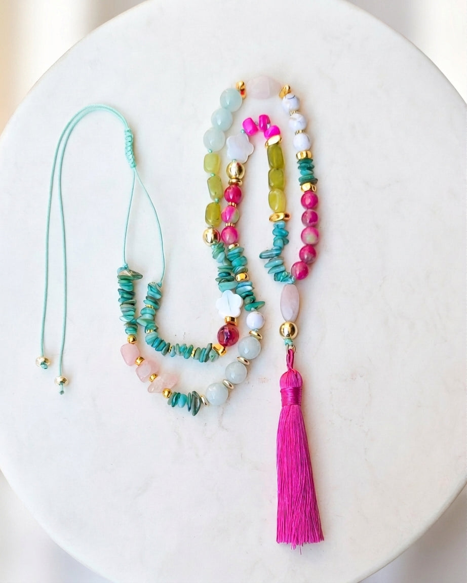 Natural Stones Long Thread Necklace With Tassels