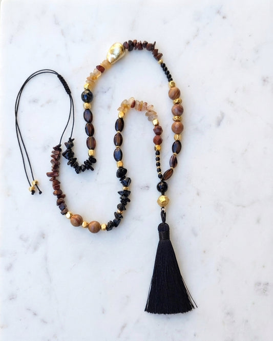 Natural Stones Long Thread Necklace With Tassels