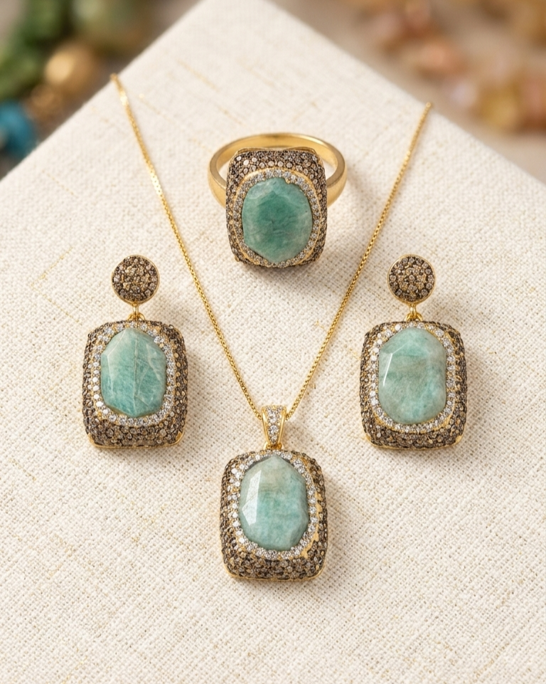 Gold Plated Natural Stones 3Pcs Set (Necklace , Earrings And Ring)