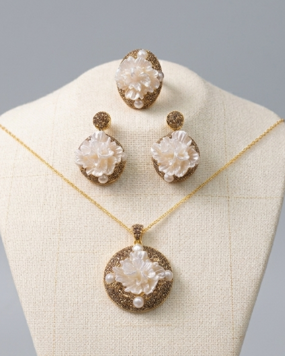 Gold Plated Natural Stones 3Pcs Set (Necklace , Earrings And Ring)