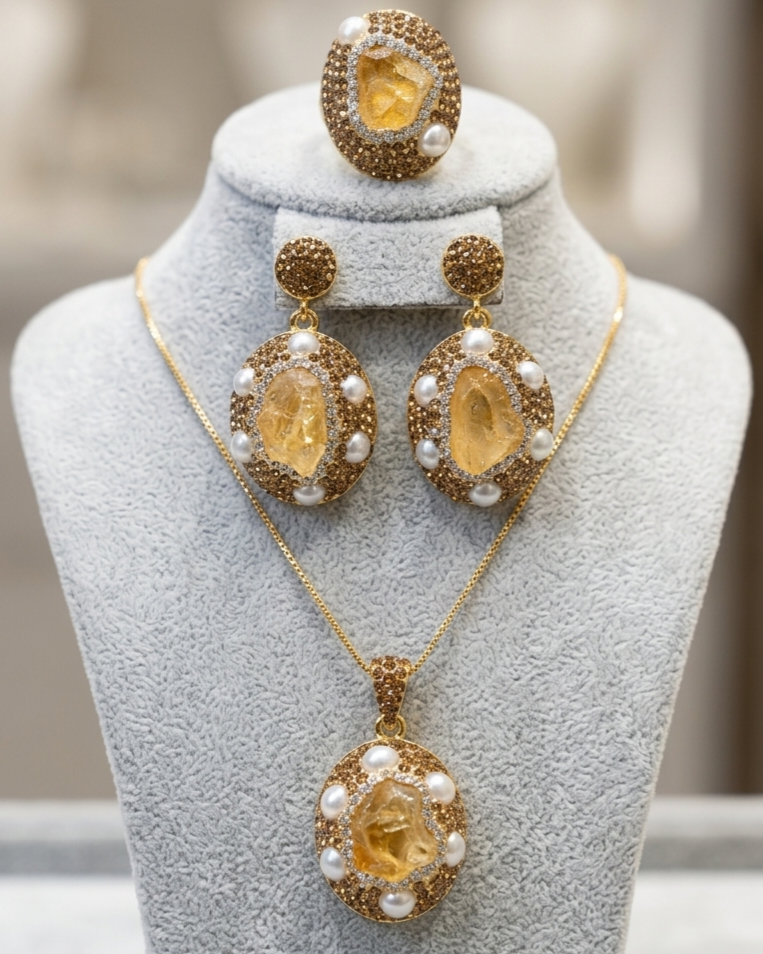 Gold Plated Natural Stones 3Pcs Set (Necklace , Earrings And Ring)
