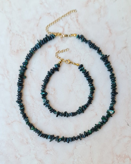 Stone Chips Choker & Bracelet Set - Emerald Green