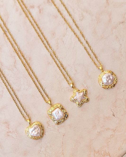 Stainless Steel Chains With Gold Plated Pearl Pendants