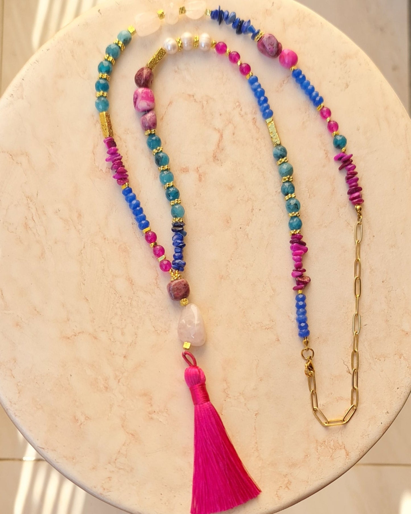 Agate & Natural Stones Long Necklace With Tassels