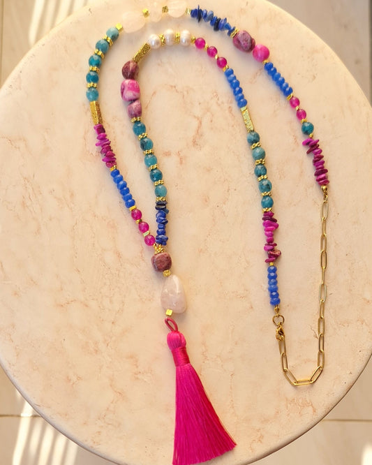 Agate & Natural Stones Long Necklace With Tassels