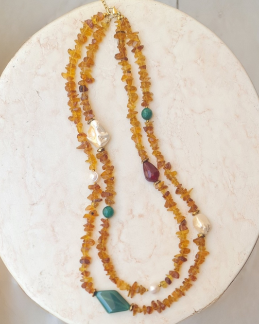 Two Layers Amber Necklace & Stainless Steel Chain