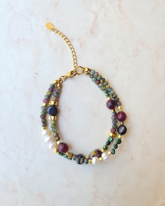 Two Layers Jasper & colorful Pearls Bracelet
