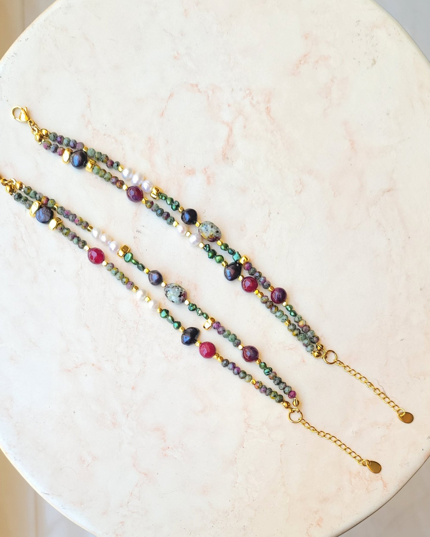 Two Layers Jasper & colorful Pearls Bracelet