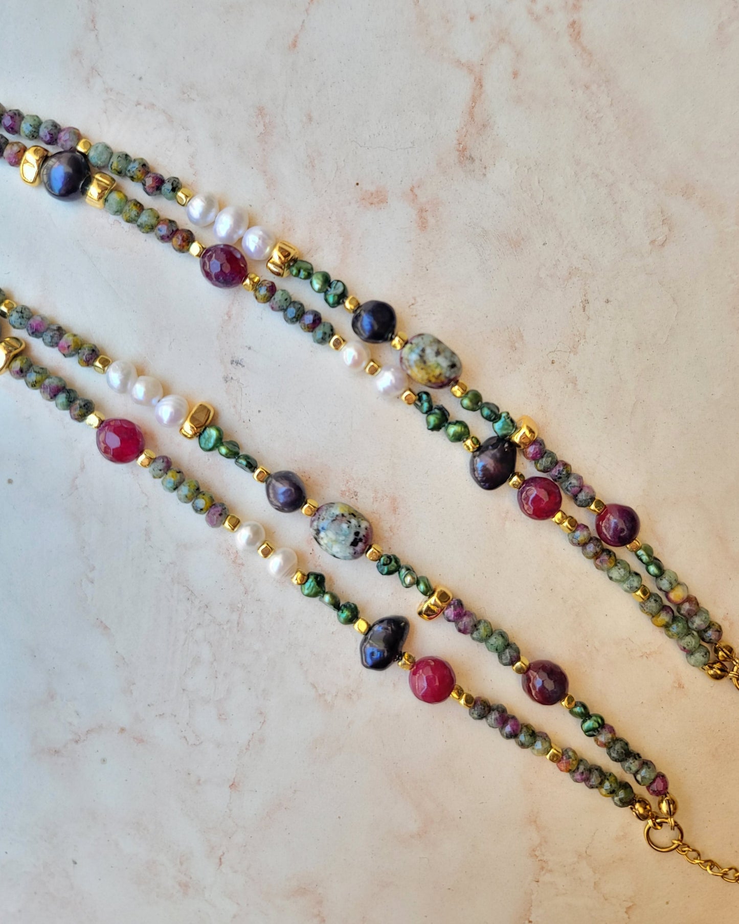 Two Layers Jasper & colorful Pearls Bracelet