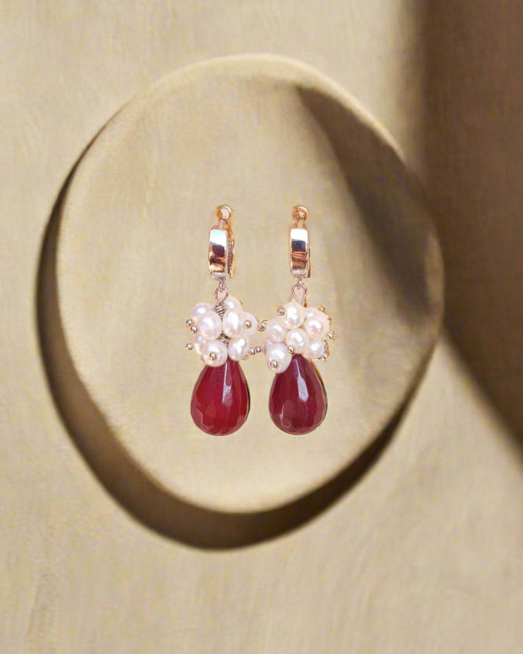 Garnet & Fresh Water Pearls Silver Plated Earrings