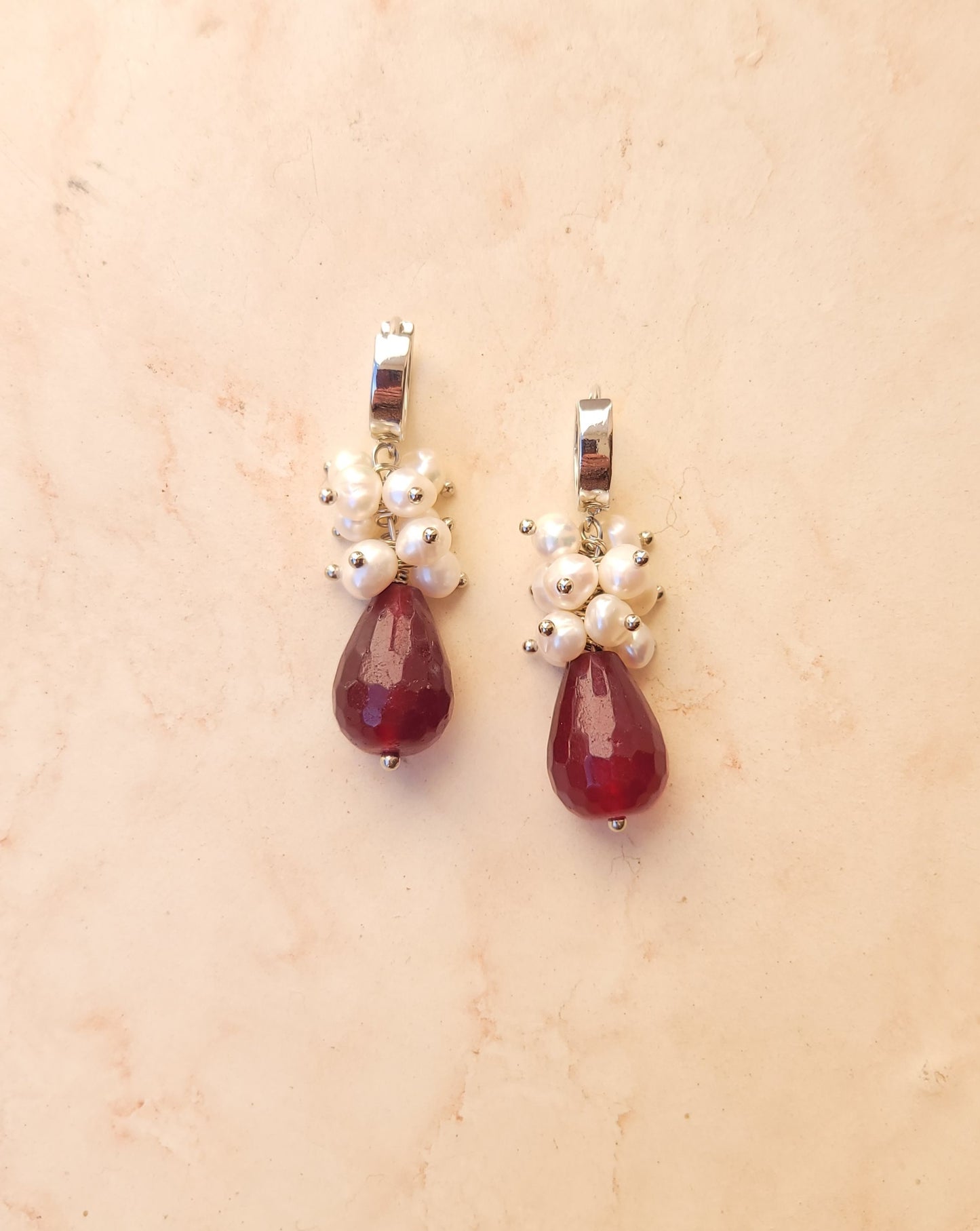 Garnet & Fresh Water Pearls Silver Plated Earrings