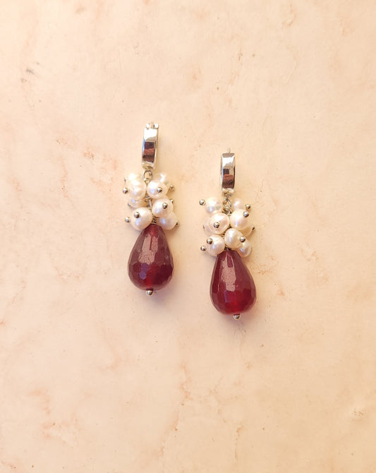 Garnet & Fresh Water Pearls Silver Plated Earrings