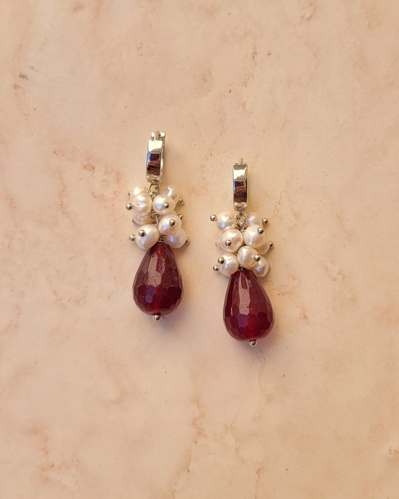 Garnet & Fresh Water Pearls Silver Plated Earrings