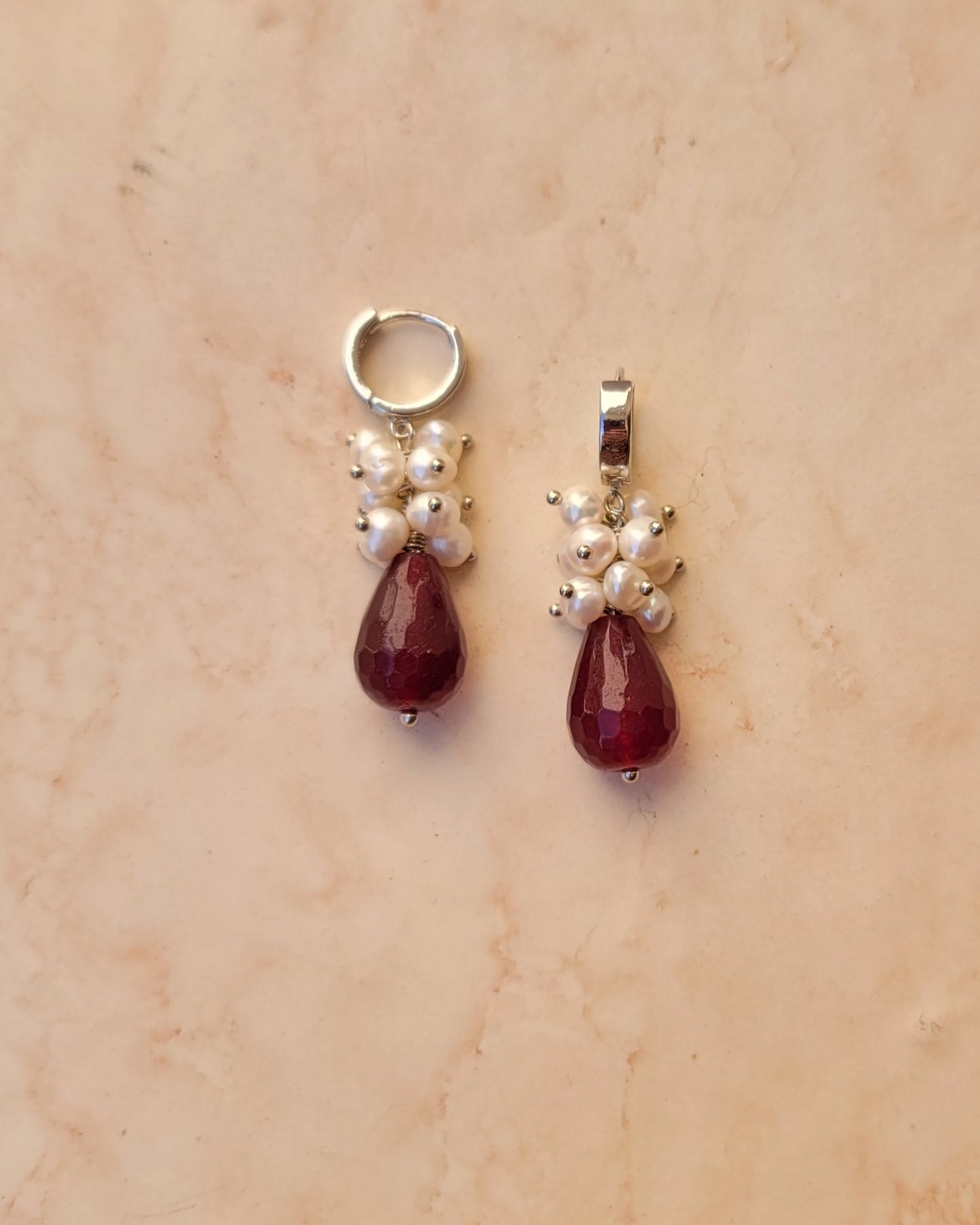 Garnet & Fresh Water Pearls Silver Plated Earrings