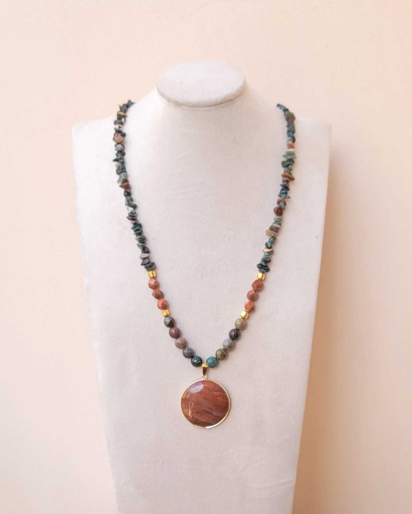 Moss Agate & Gold Sandstone Necklace With Natural Stone Pendant