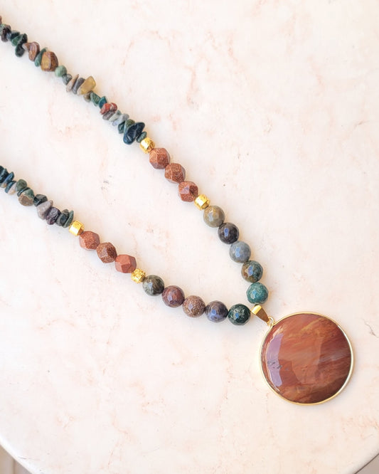 Moss Agate & Gold Sandstone Necklace With Natural Stone Pendant