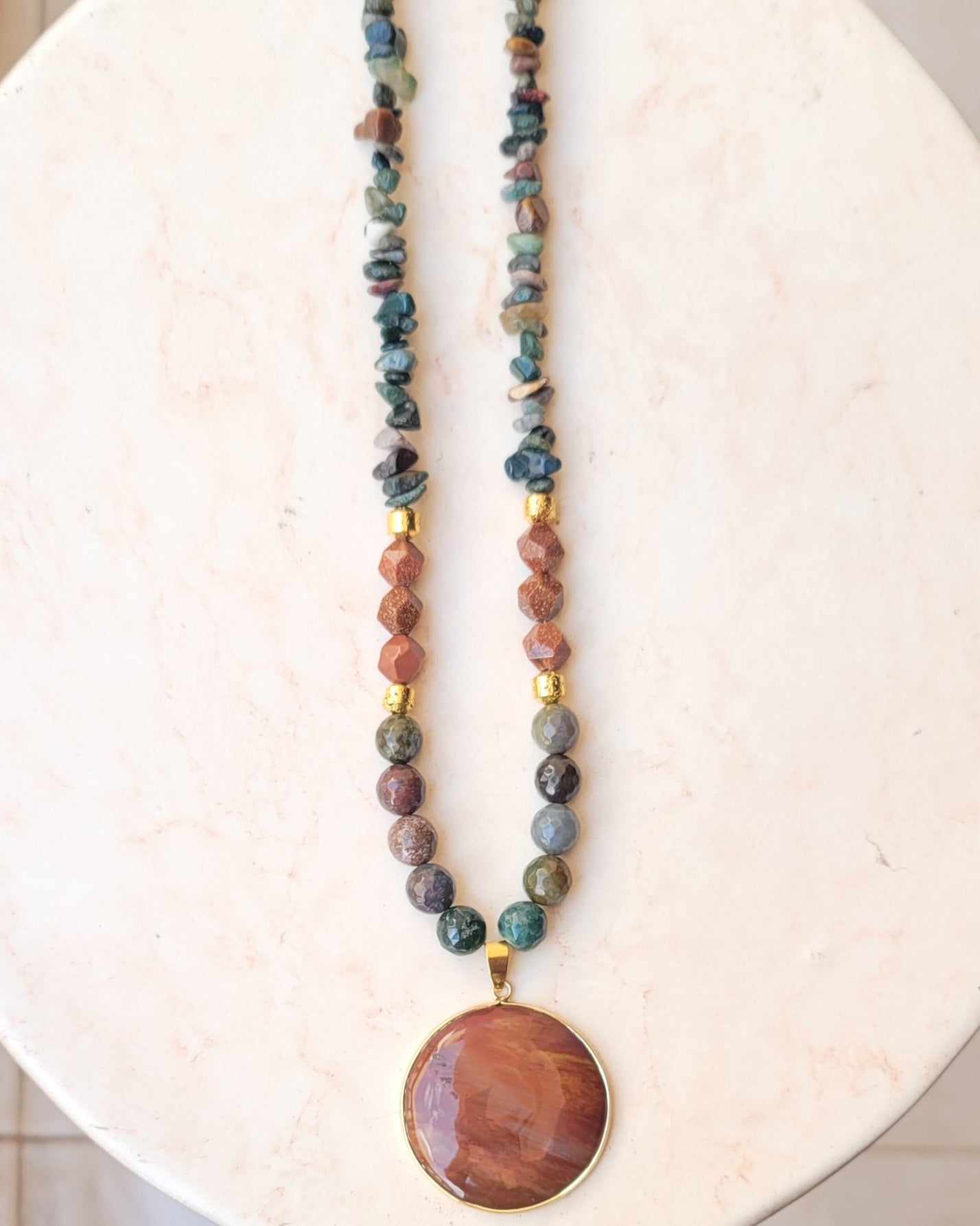 Moss Agate & Gold Sandstone Necklace With Natural Stone Pendant