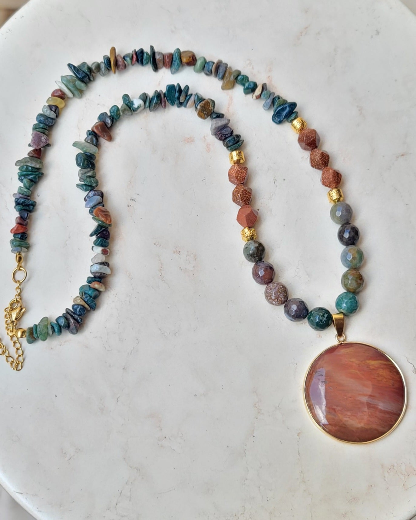 Moss Agate & Gold Sandstone Necklace With Natural Stone Pendant
