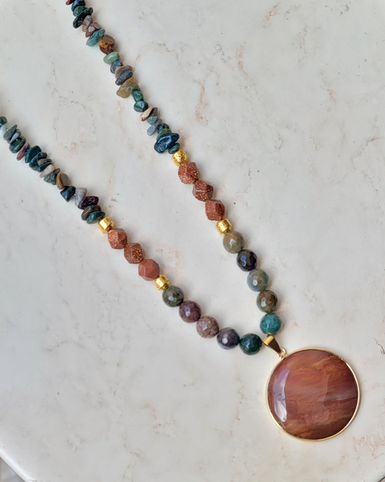 Moss Agate & Gold Sandstone Necklace With Natural Stone Pendant