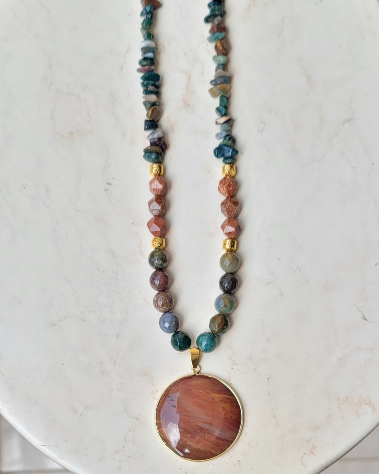 Moss Agate & Gold Sandstone Necklace With Natural Stone Pendant