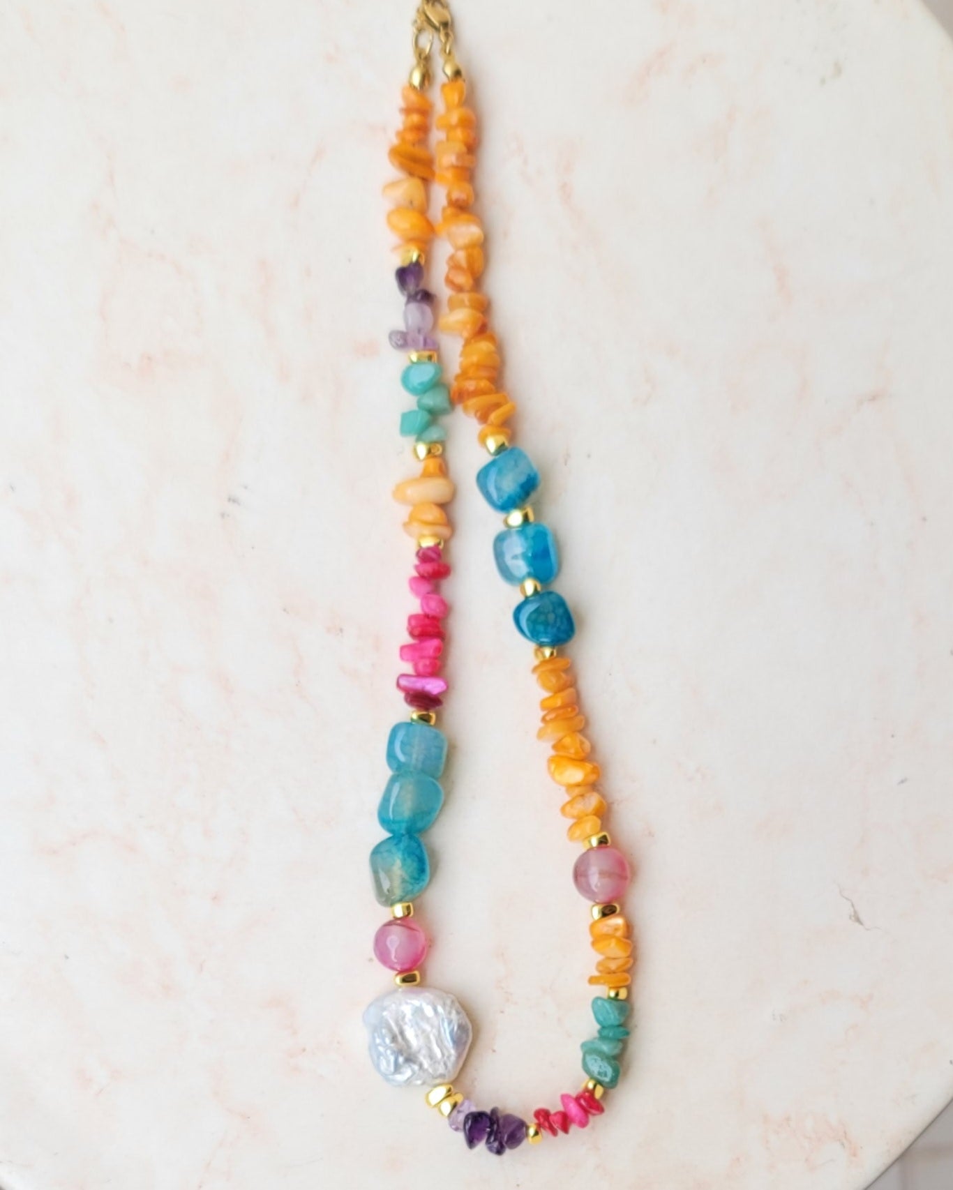 Colorful Stones & Natural Pearl Necklace