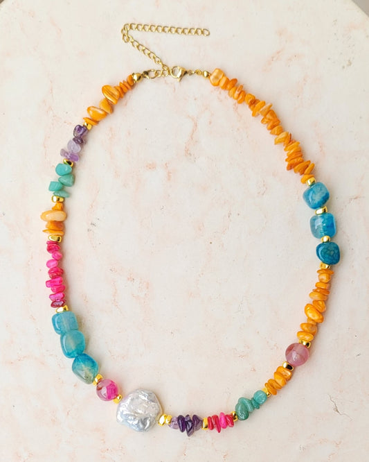 Colorful Stones & Natural Pearl Necklace