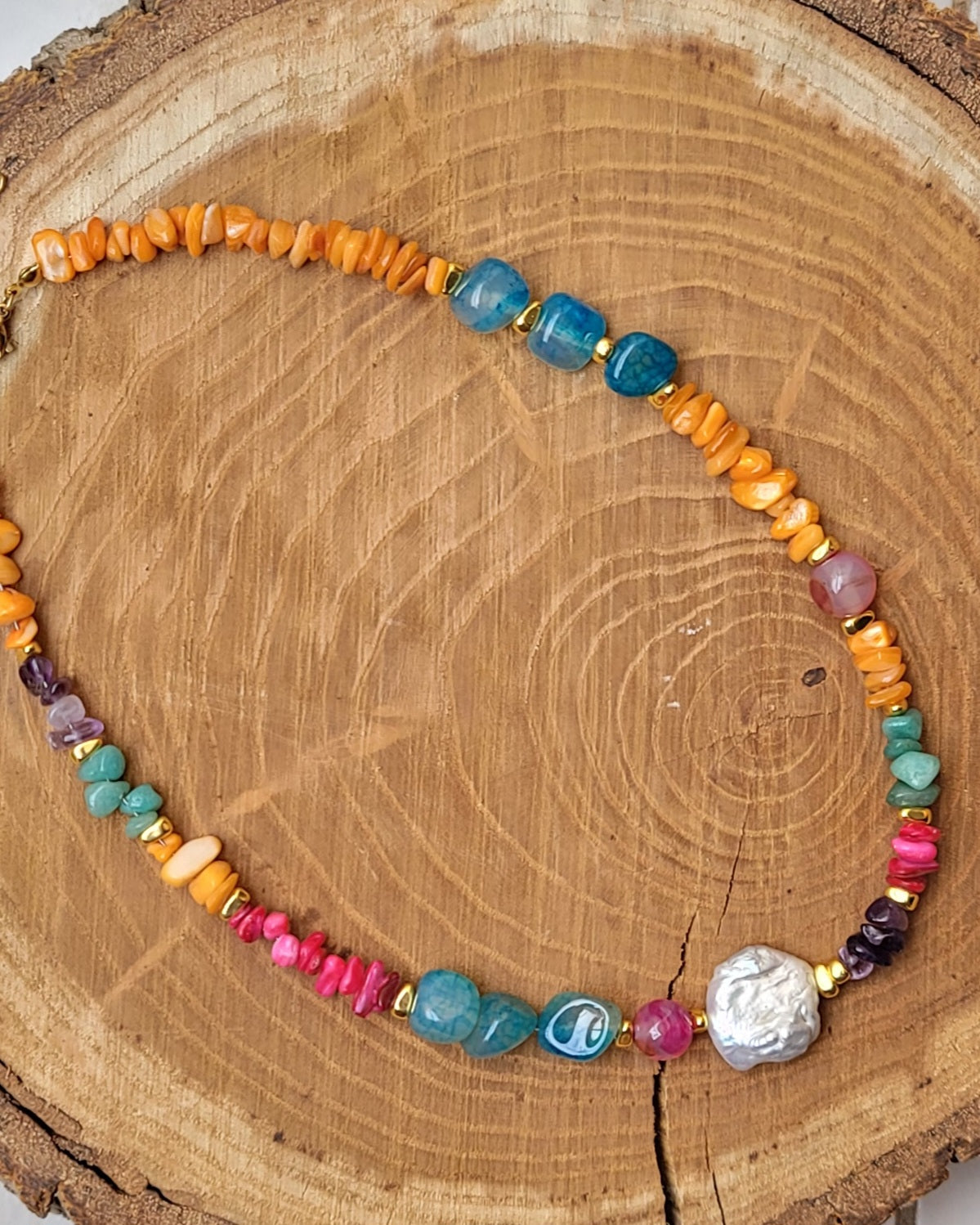 Colorful Stones & Natural Pearl Necklace