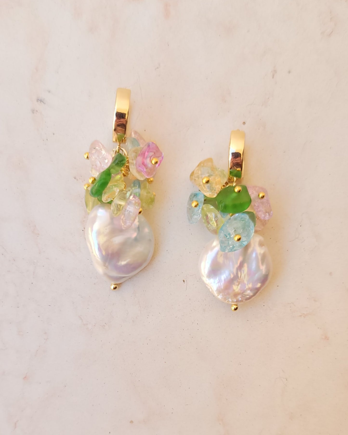 Stones & Freshwater Pearls Gold Plated Earrings