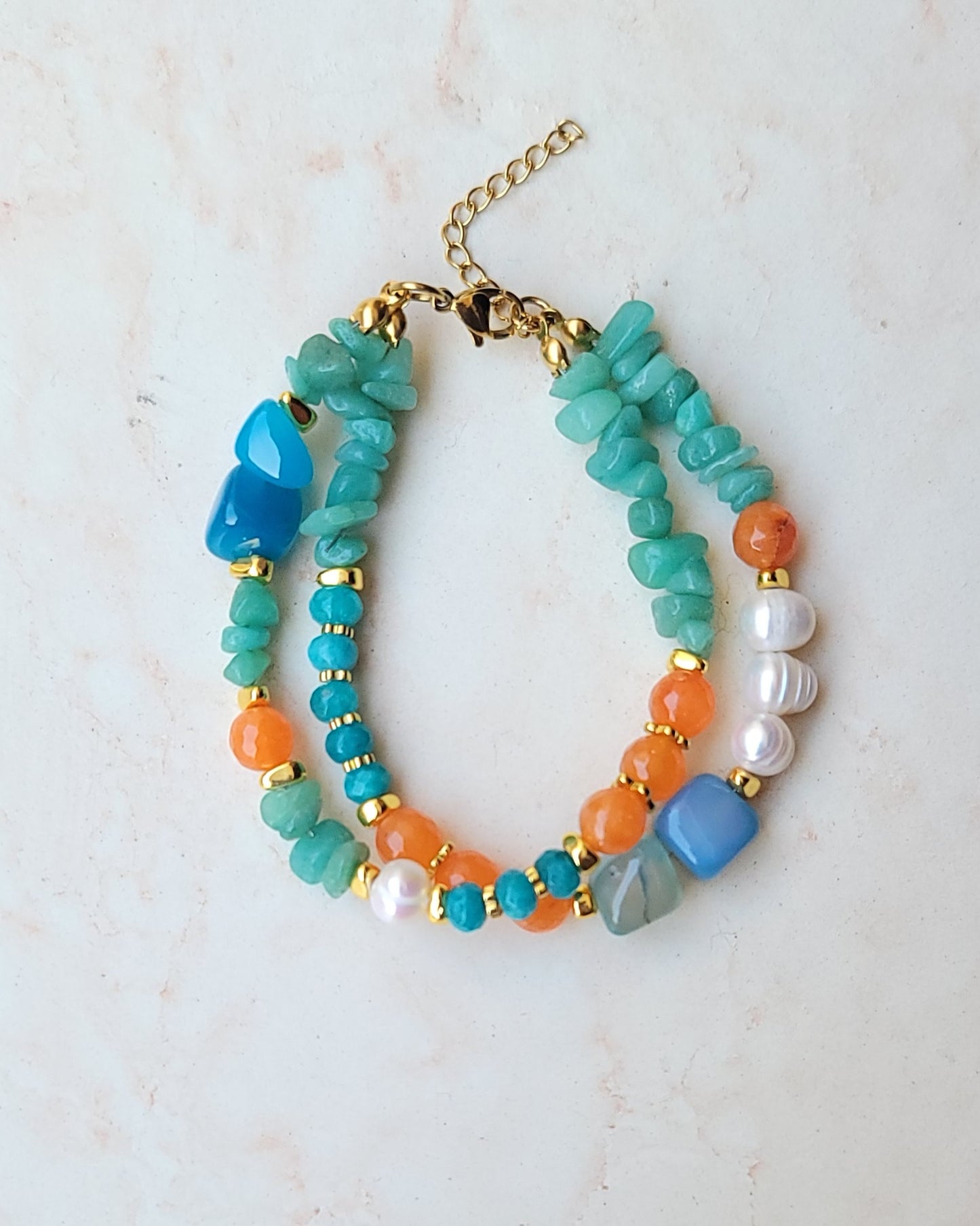 Two Layers Agate & Freshwater Pearls Bracelet