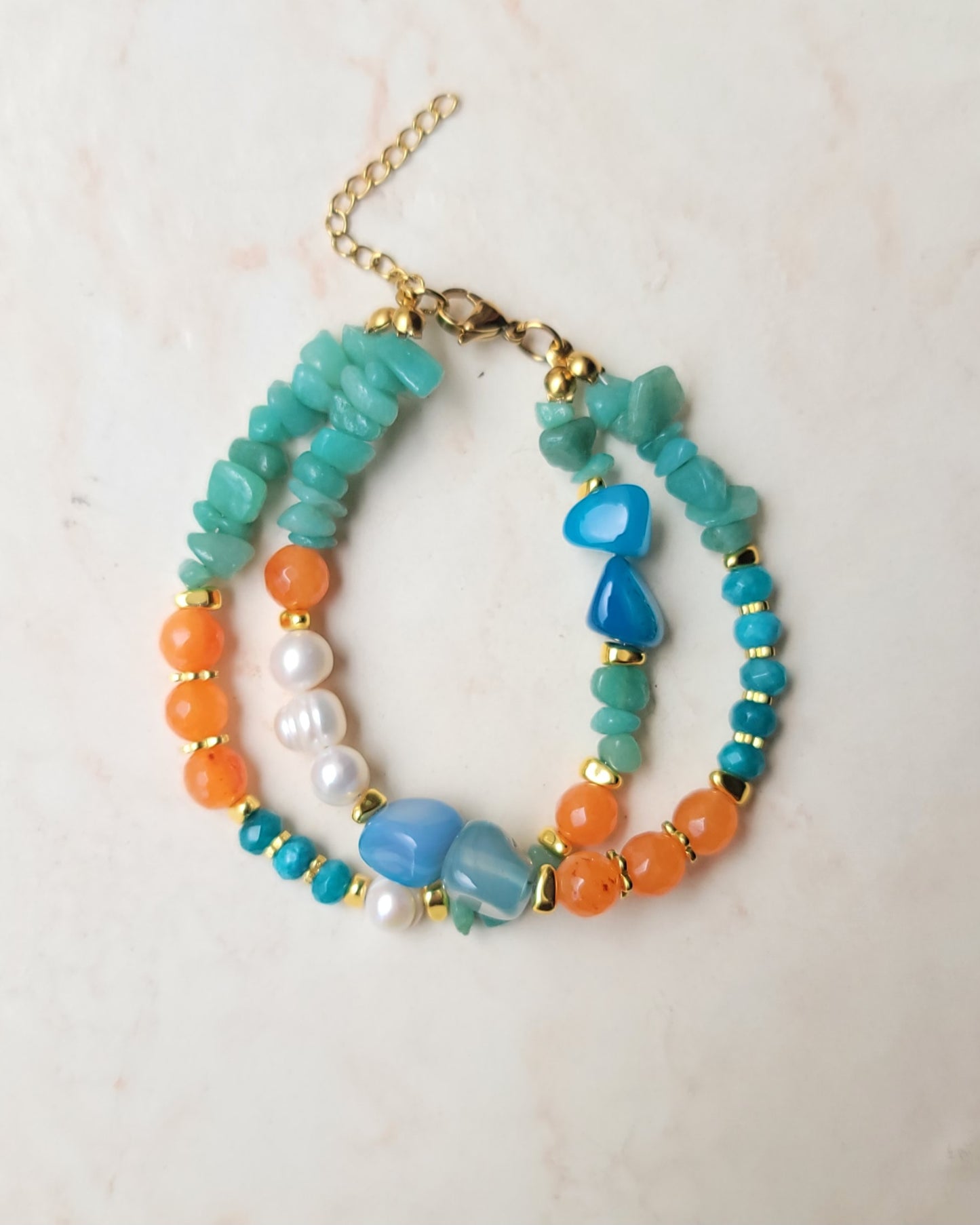 Two Layers Agate & Freshwater Pearls Bracelet