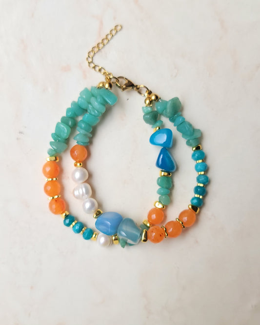 Two Layers Agate & Freshwater Pearls Bracelet