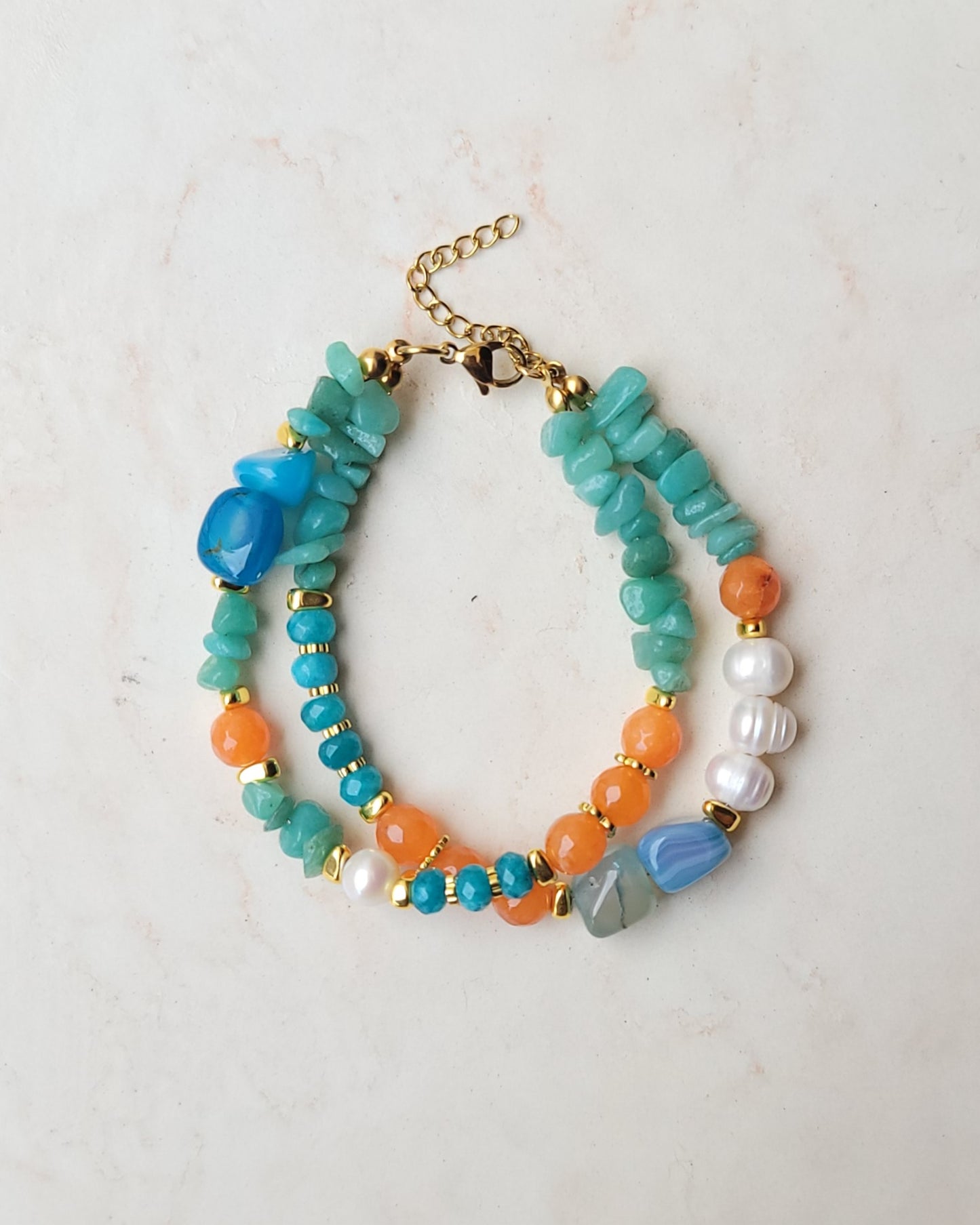 Two Layers Agate & Freshwater Pearls Bracelet