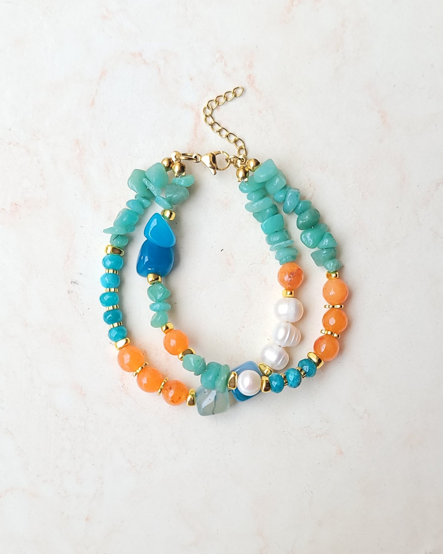 Two Layers Agate & Freshwater Pearls Bracelet