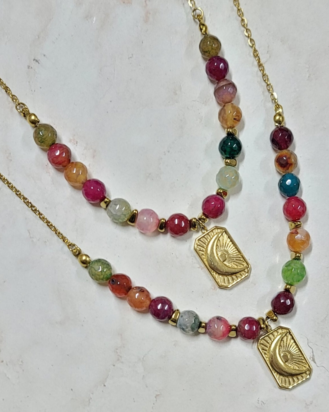 Multicolor Agate Necklace With Stainless Steel Pendant